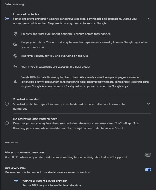 Google Chrome Safe Browsing Settings