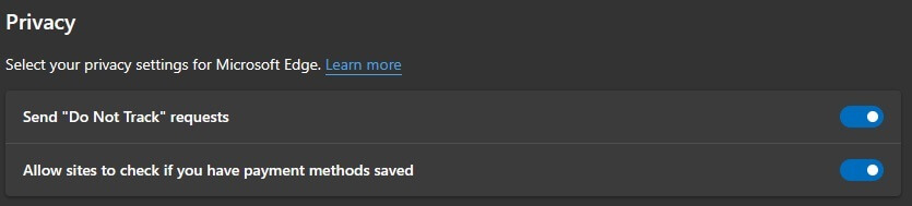 Privacy setting in Microsoft Edge