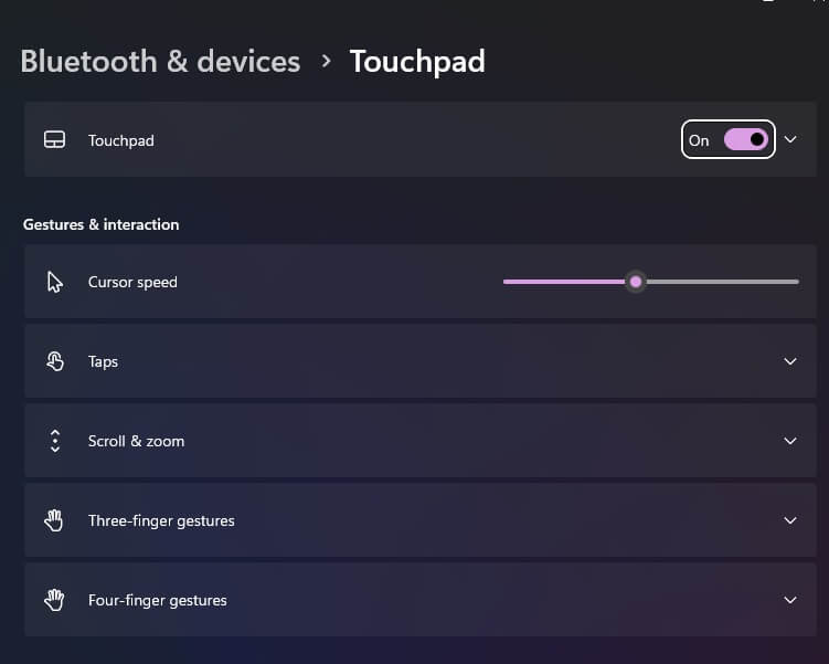 Toggle Button in Touchpad Settings Menu In Windows