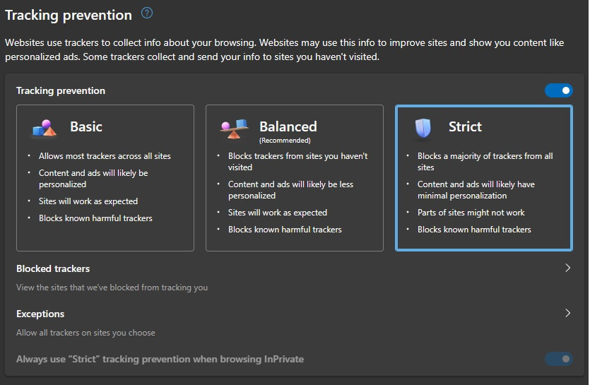 Tracking Prevention setting in Microsoft Edge