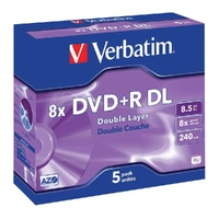 Verbatim DVD+R DL 8.5GB 8X Double Layer - 5 Pack Branded Jewel Case (43541)