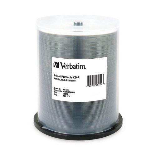 Verbatim CD-R 700MB 52X White Hub Inkjet Printable - 100pk Spindle (95252)
